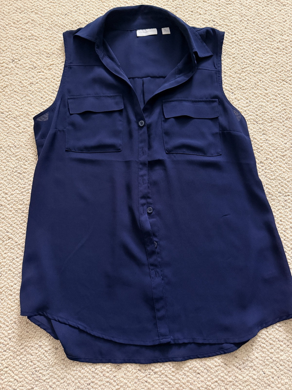 New York & Company Sleeveless Button Down Blouse Navy Blue Pockets Womens Medium